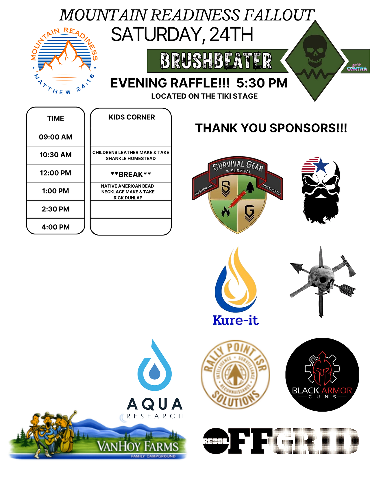 Additional Mountain Readiness Fall Out 2026 Saturday schedule showing Kids Corner craft classes at 10:30 AM and 1:00 PM, the 5:30 PM evening raffle at the Tiki Stage, and event sponsor logos.