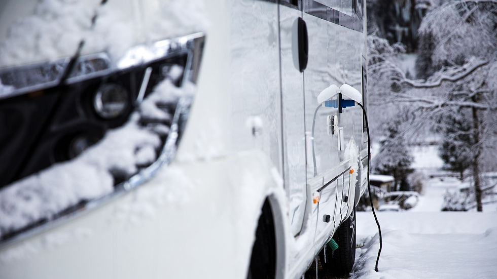 rv in winter snow hooked up to power