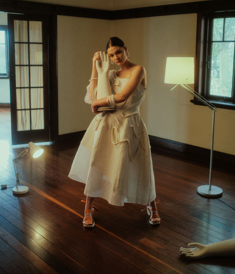 Cotton-Linen asymmetric sculptural dress, with Wool-Cashmere applique, and sheer cotton check underlayer, paired with timber and leather sandals.