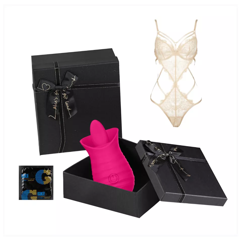 Surprise Rose Tongue Vibrator with Women's White Lace Lingerie Gift Set