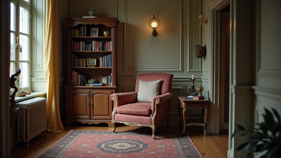 Eye-level view of a cozy reading nook with a vintage armchair and a small bookshelf