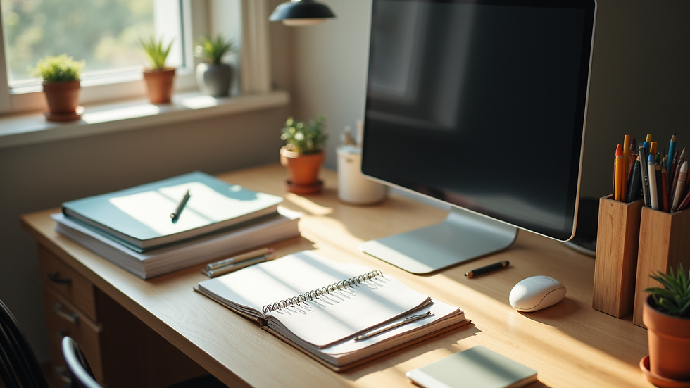 High angle view of an organized study desk
