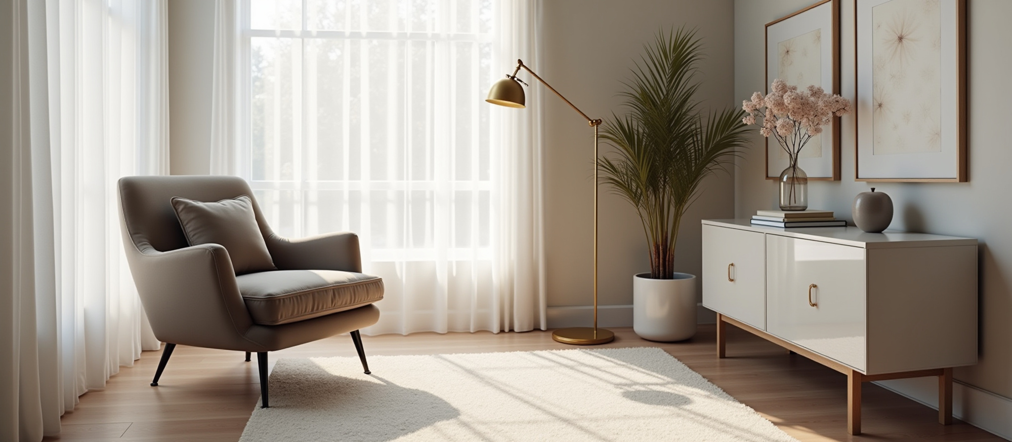 Modern beige living room with contemporary furniture and decor