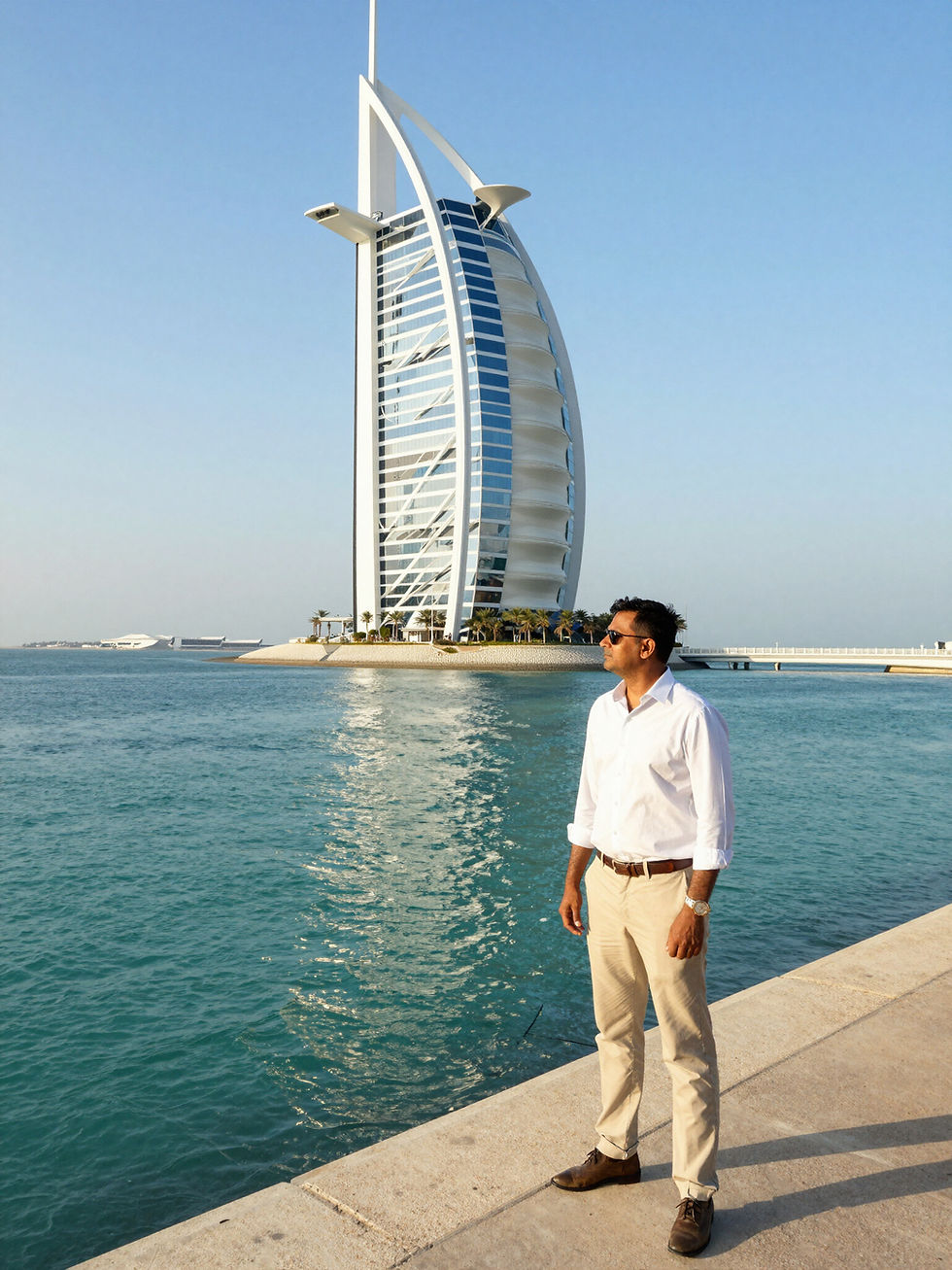 Man at Burj Al Arab during worldwide tours in Dubai.