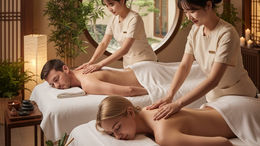 전통적인 스파룸에서 커플이 나란히 누워 테라피스트들에게 등 마사지를 받으며 휴식을 즐기는 모습