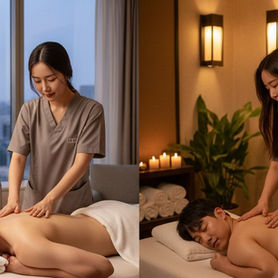 한국 도시 전망이 보이는 호텔 객실에서 마사지사가 남성 고객에게 등 마사지를 제공하는 모습