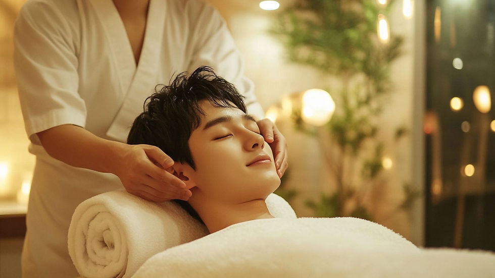 남성 얼굴·두피 릴렉싱 마사지 – 테라피스트가 귀 주변을 부드럽게 지압