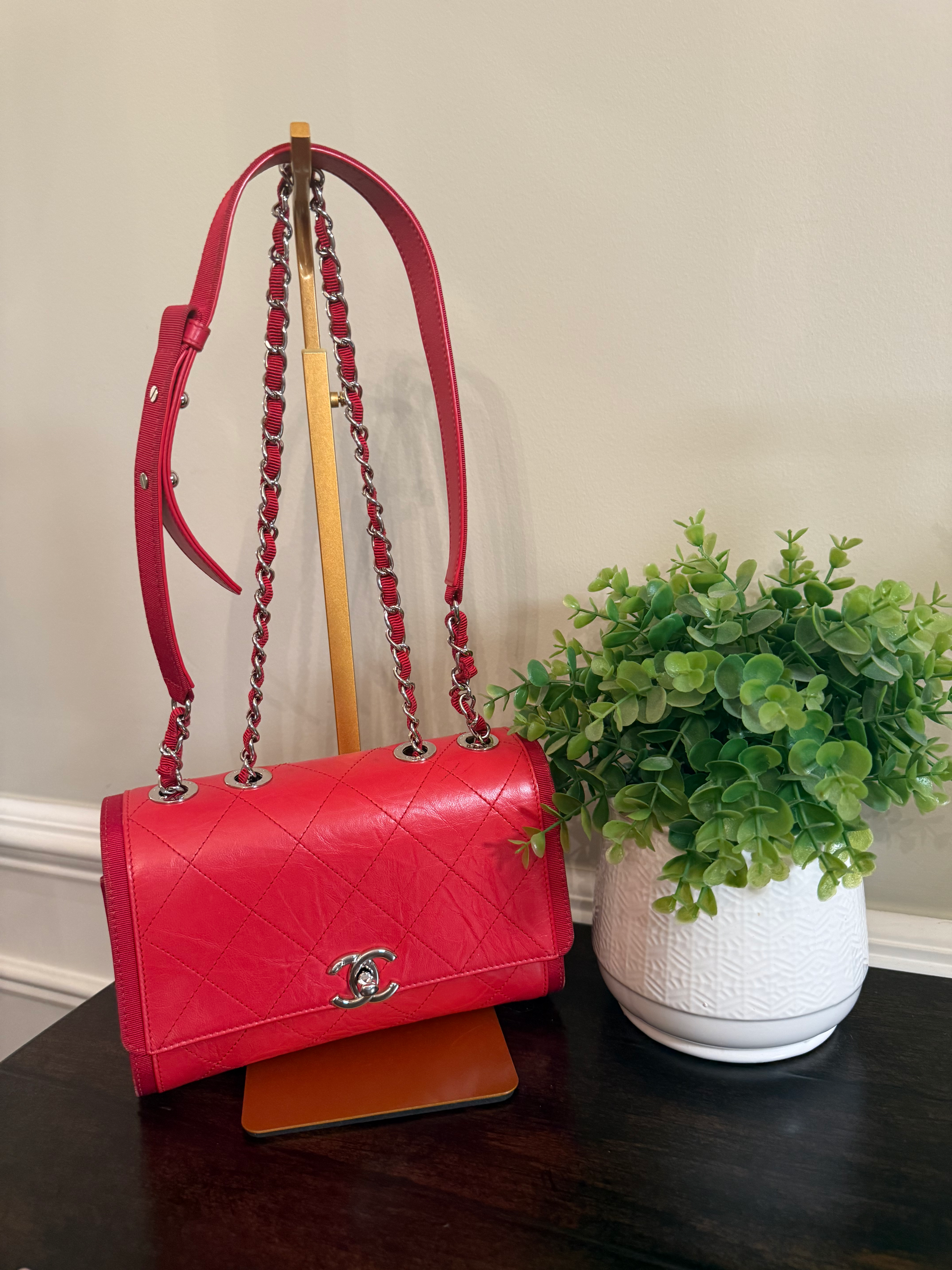 Chanel Crumpled Calfskin Flap Bag Red