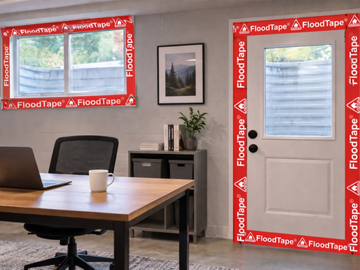 Basement home office flood protection showing sealed window and door with waterproof tape barrier