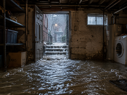 Urban basement flooding with water entering through doorway during heavy rainstorm