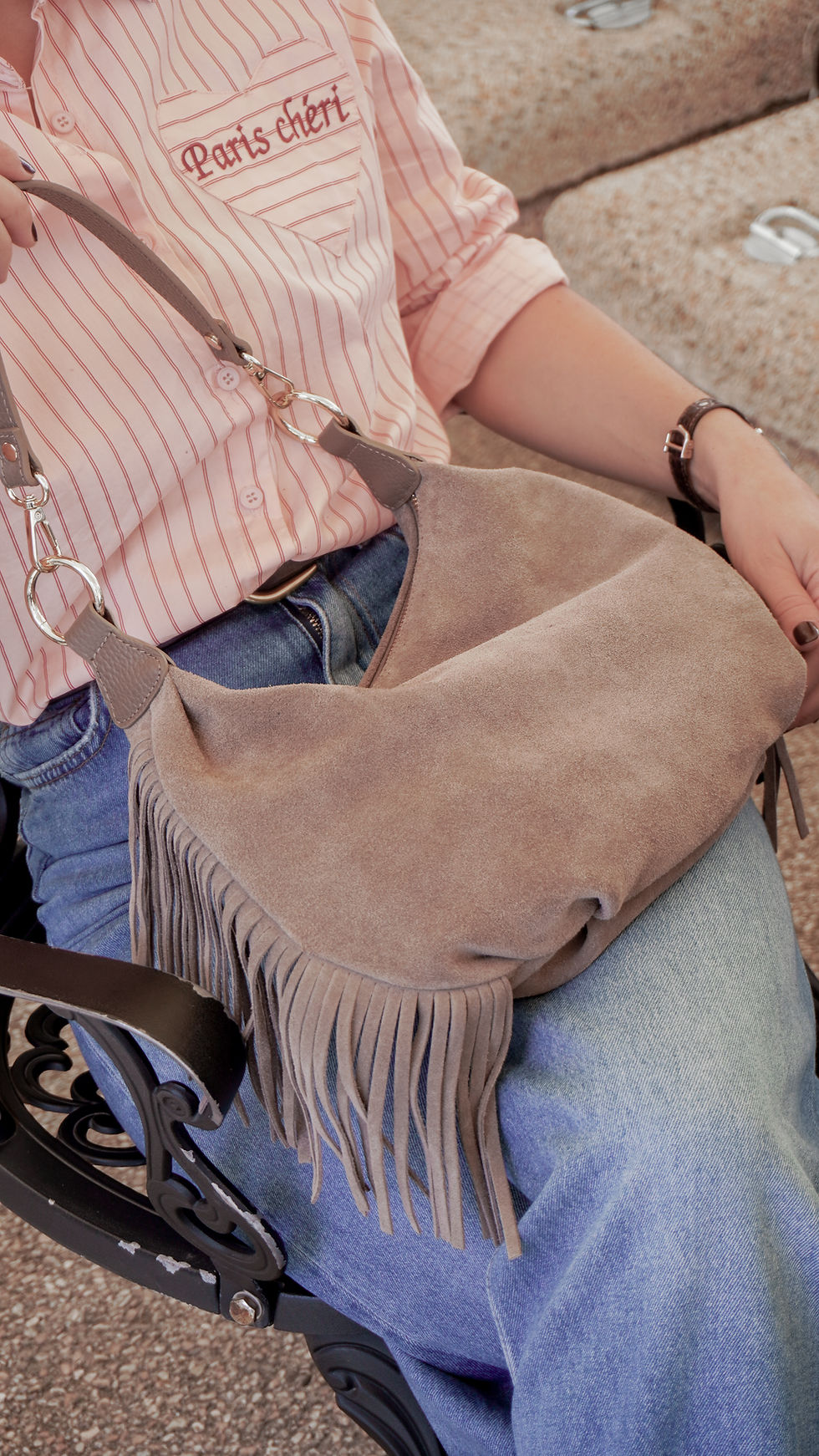 Miniaturbild: ELISA Taupe | Borsa con frange vera pelle camoscio grigio tortora