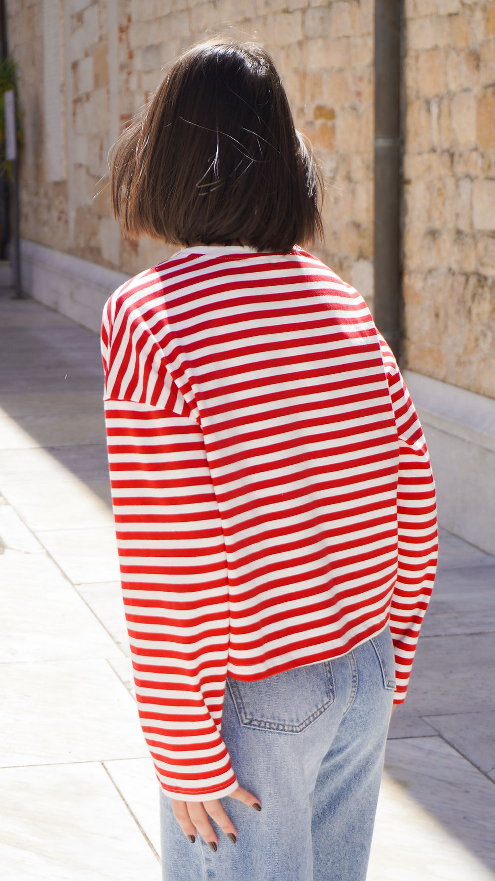 Miniatura: Maglia oversize in cotone leggero a righe orizzontali rosse e bianche