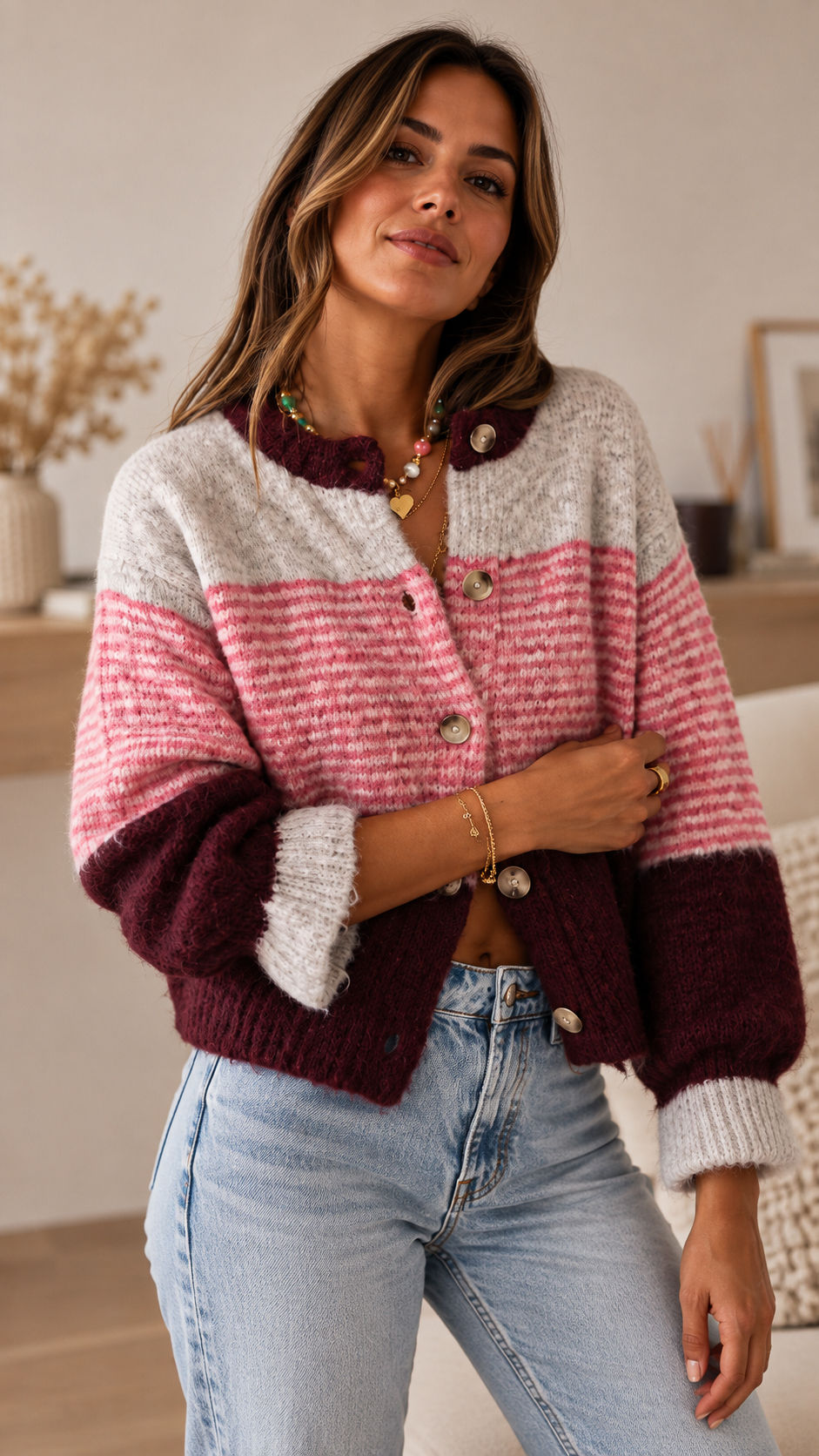 Cardigan a Righe – Rosa & Bordeaux