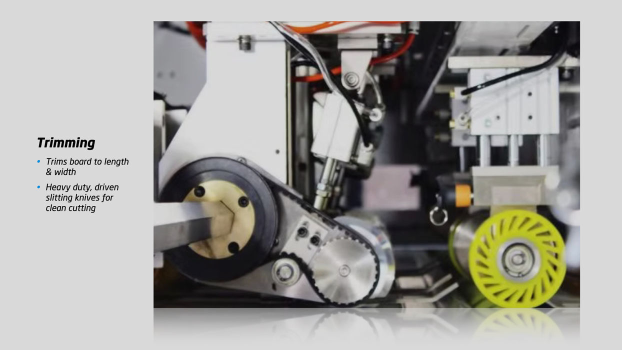 Trims board to length & width
Driven slitting knives for clean cutting
