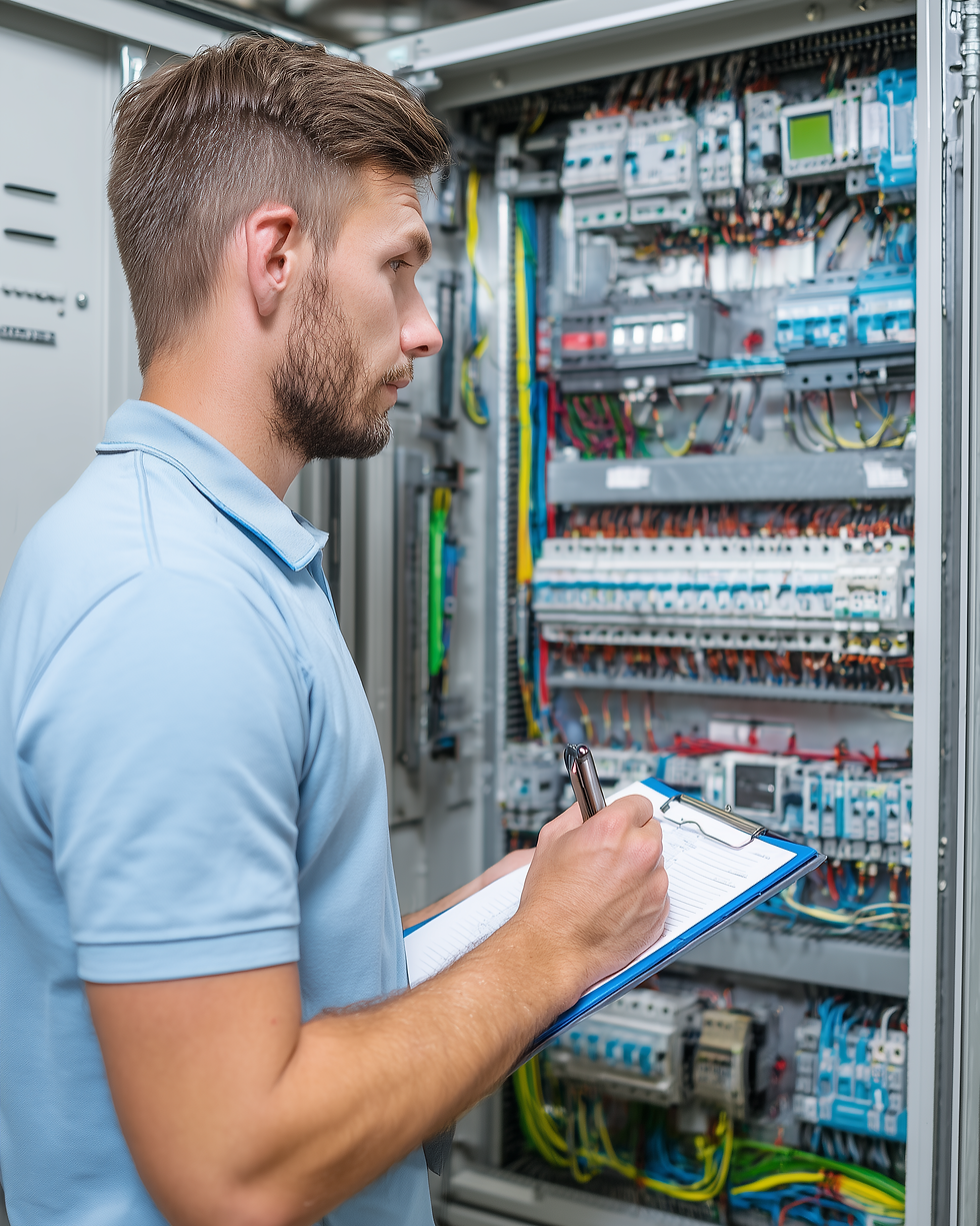 uaveth_A_male_technician_in_a_light_blue_shirt_taking_notes_on__cfce6c43-2ec1-4460-8b06-ca