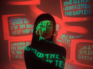 Darstellung einer von digitalen Inhalten überlagerten Person als Sinnbild für Überreizung, Vertrauensverlust und kritisches Konsumverhalten im digitalen Raum.