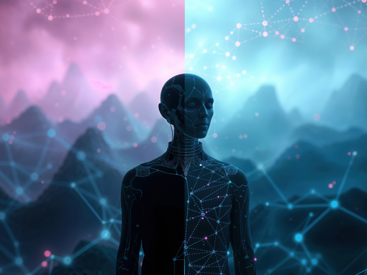 Konzeptionelle Darstellung einer künstlichen Intelligenz zwischen menschlicher Silhouette und digitalem Netzwerk als Symbol für die Transformation der Werbewelt durch KI.