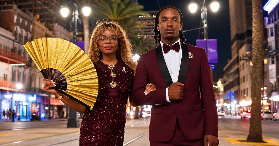 Mister and Miss Central State posing together at night in New Orleans, wearing burgundy formal attire.