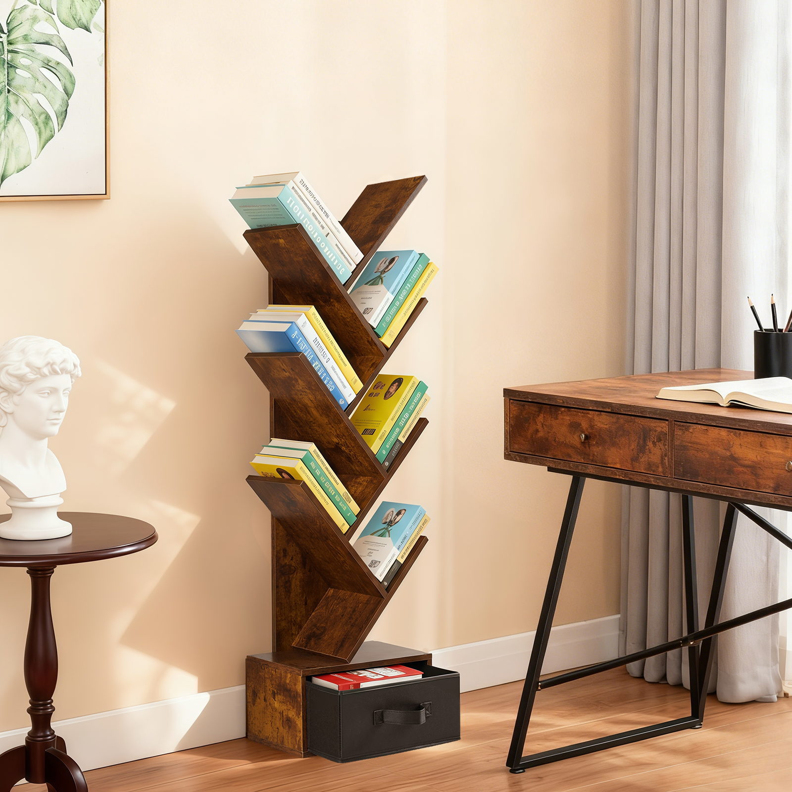 Rustic Tree Bookshelf with Storage Drawer