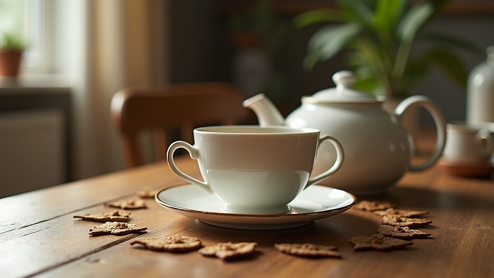 Close-up view of a herbal tea set on a wooden table in a cozy home setting