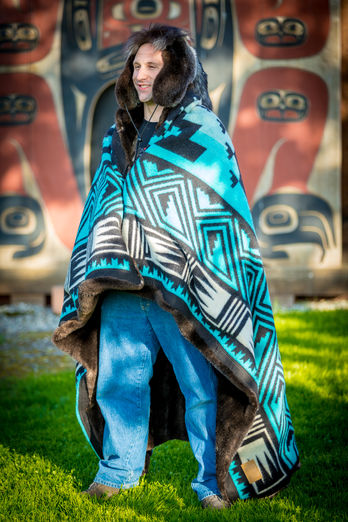 Sea Otter Trapper hat with Wolf Tail, Sea Otter Wool Blanket.