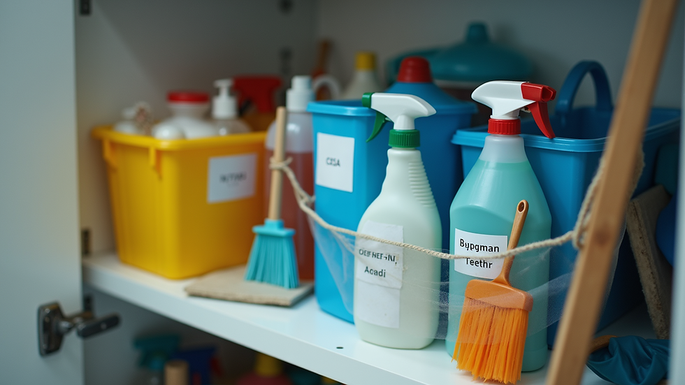 High angle view of a clean and organized cleaning supply closet with labeled containers and tools