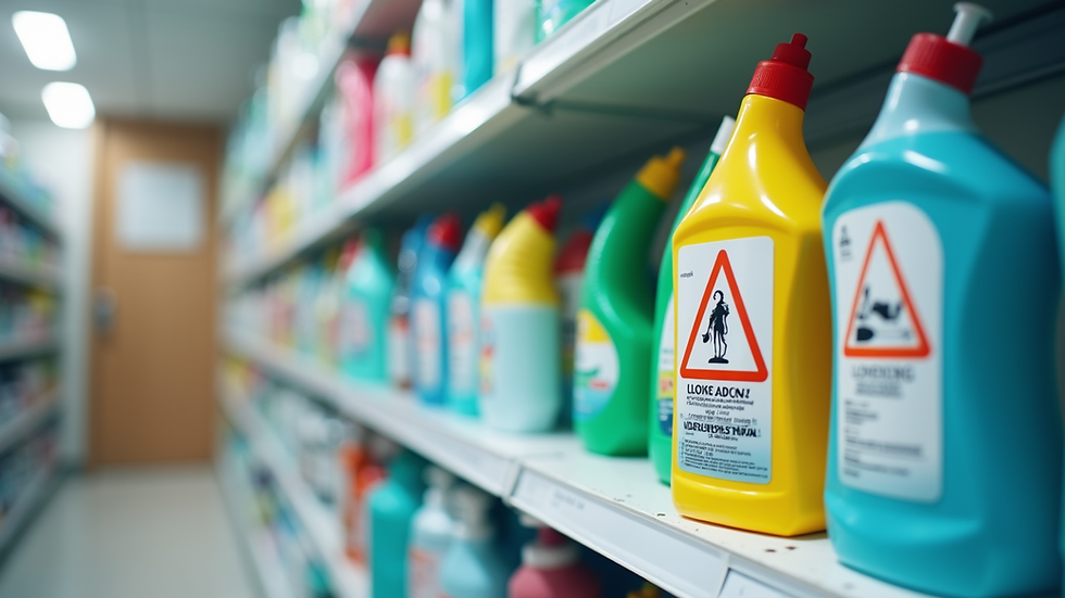 Close-up view of a bleach bottle and warning label on a cleaning shelf