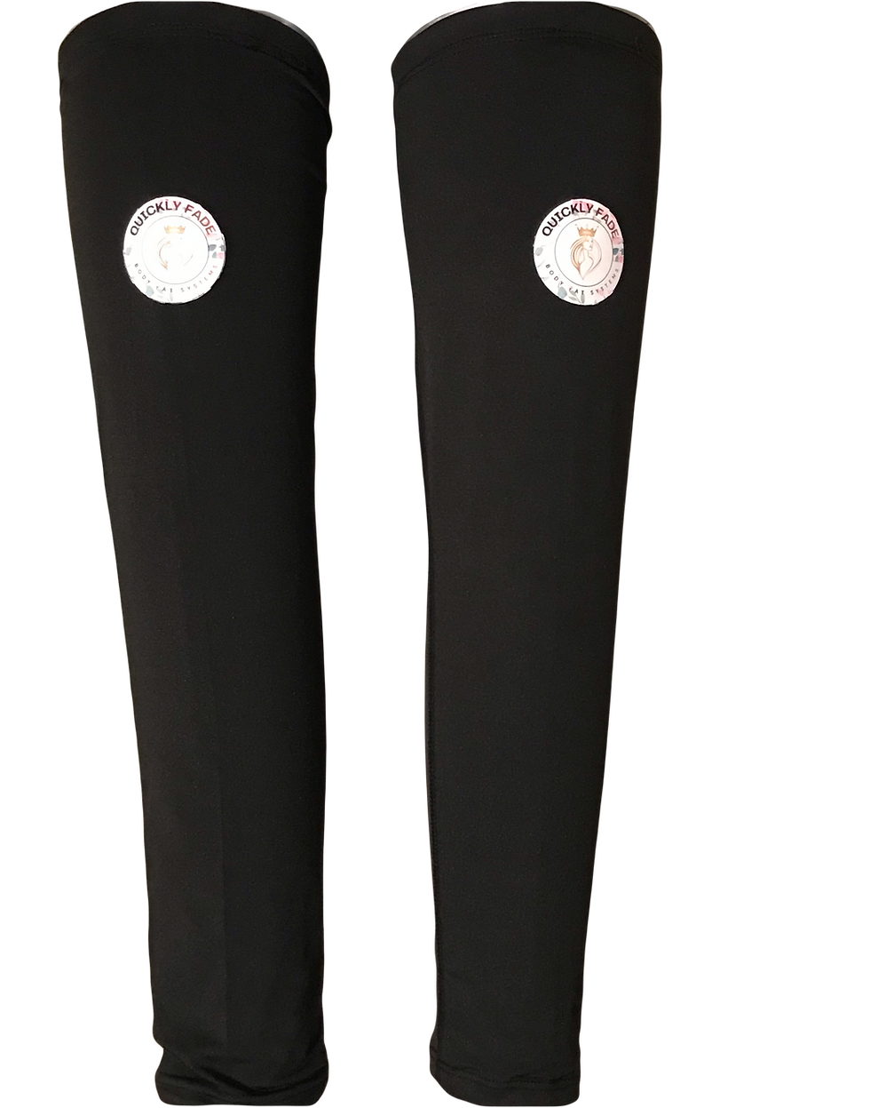 Tall product image of a pair of black Quickly Fade compression leg sleeves on a transparent background, portrait aspect ratio