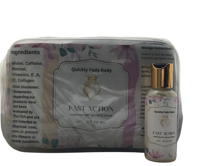 Landscape product photo of a Quickly Fade Body Fast Action anti-cellulite serum kit with pouch and bottle on a white background, landscape aspect ratio