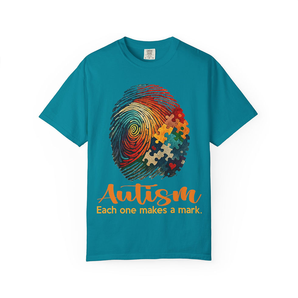 Thumbnail: Autism Awareness T-Shirt — "Each One Makes a Mark" Fingerprint & Puzzle Design