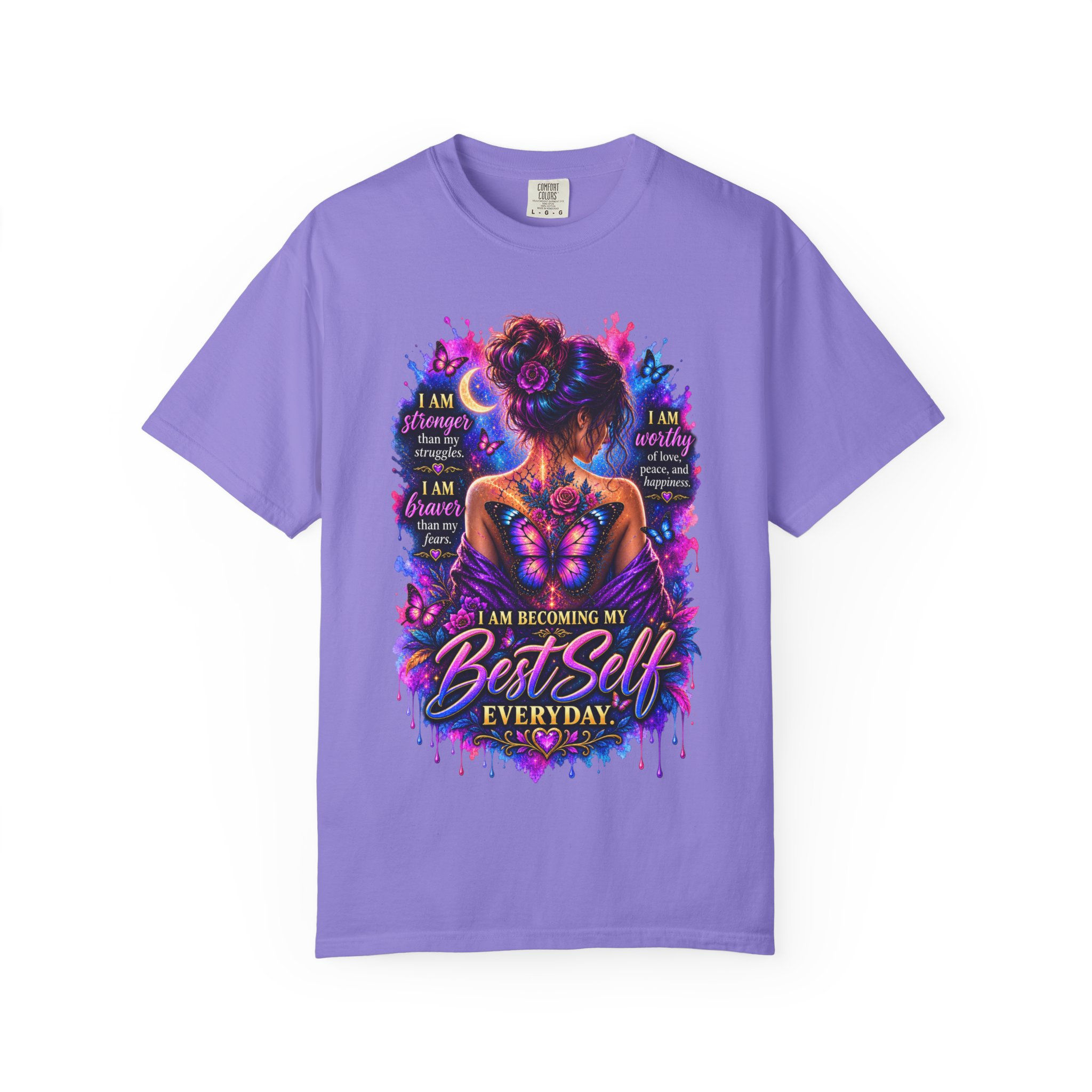 T-Shirt — "Becoming My Best Self Every Day" Inspirational Butterfly Back Design