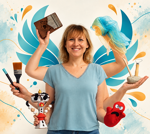 Céline Langoiroux, art-thérapeute pluri-expressionnelle à Roncq, représentée avec plusieurs bras tenant différents outils de création artistique.
