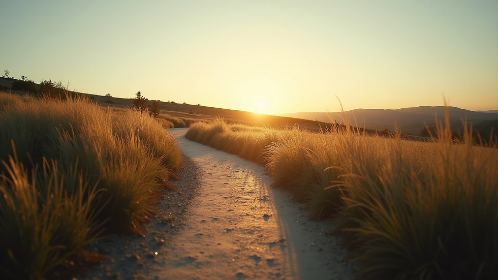 Eye-level view of a serene landscape with a winding path leading to a brighter horizon