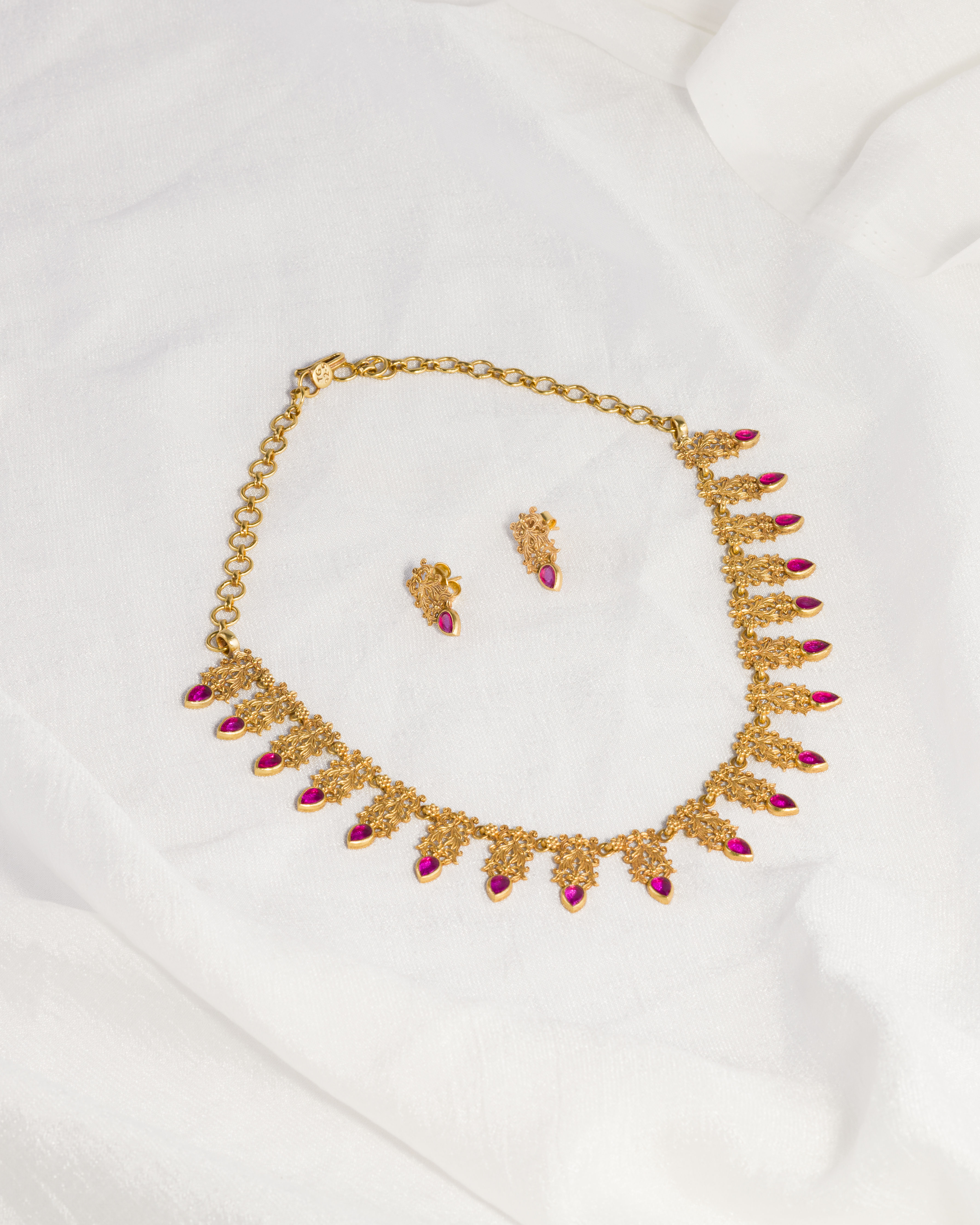 Floral Necklace Set with Ruby Pink Accents