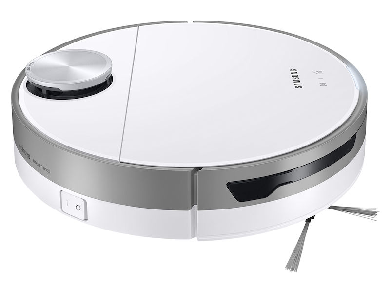 Miniatura: White Samsung robot vacuum cleaner with side brushes and power button.