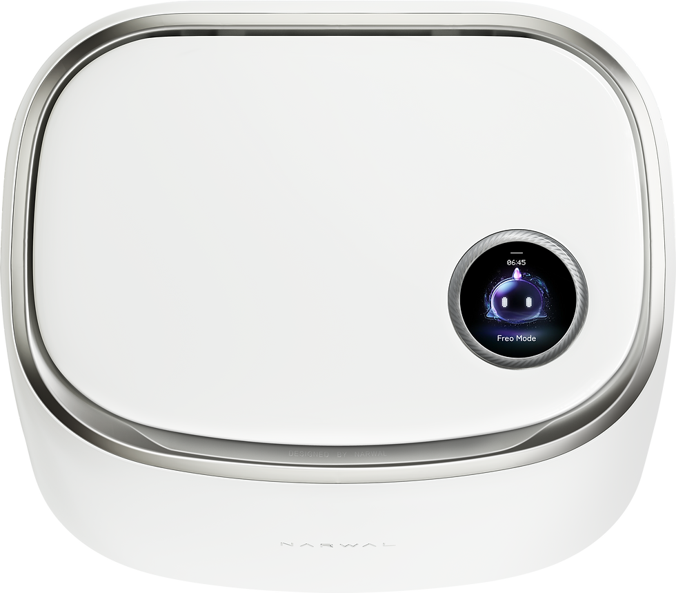Прев'ю: White Narwal Freo robotic vacuum cleaner with digital screen showing 