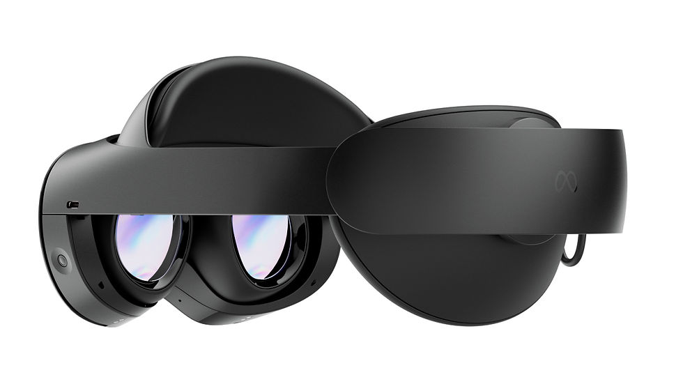 Miniature : Black virtual reality headset shows lenses and strap against white background.