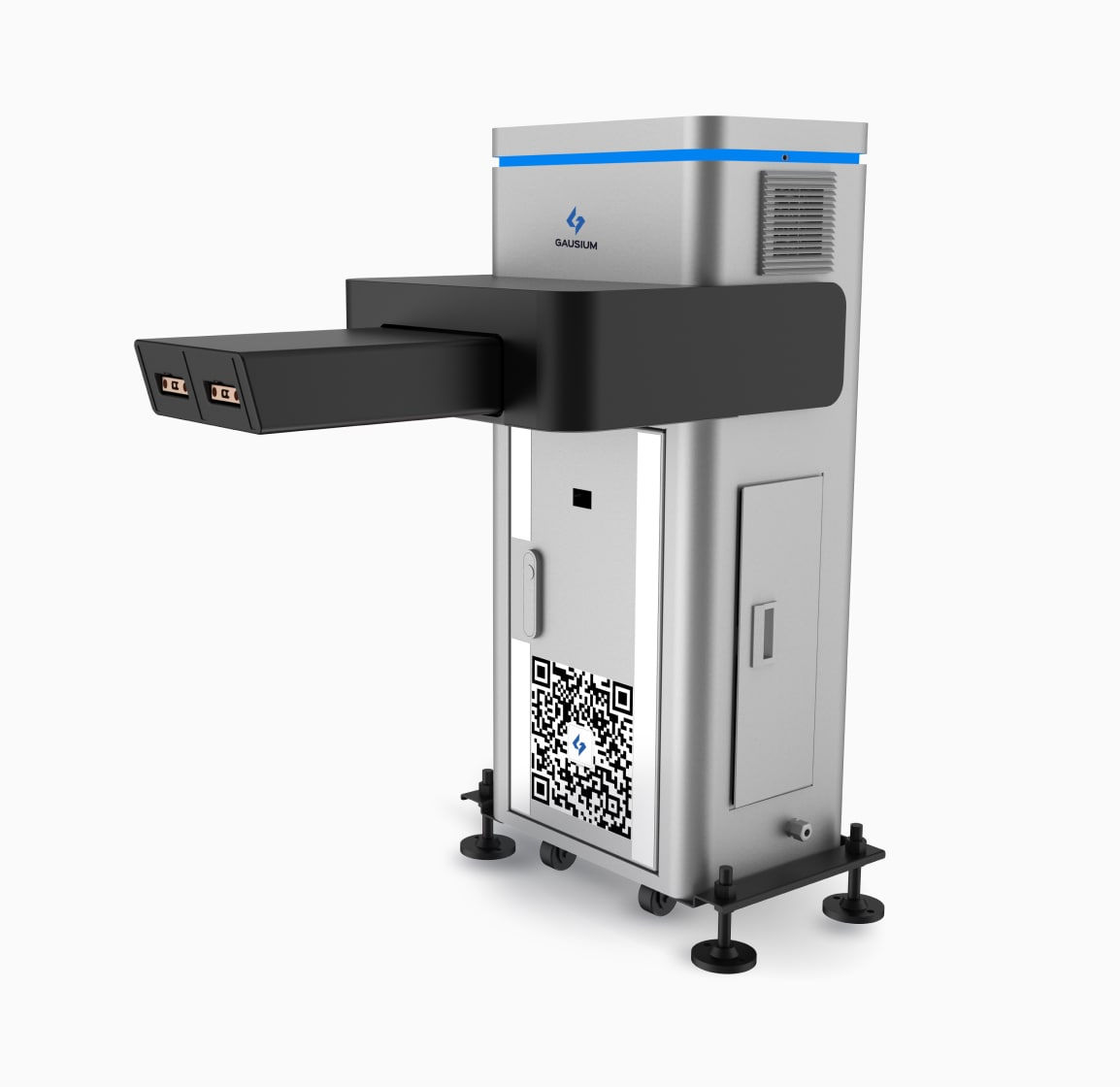 Silver machine with extended arm and a QR code for scanning purposes
