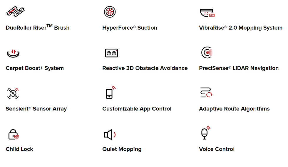 Miniatyrbild: HyperForce Suction, Reactive 3D Obstacle Avoidance, Customizable App Control, Quiet Mopping, Voice Control.