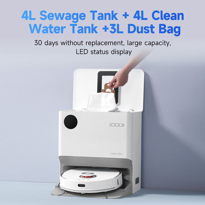 Miniatura: White robot cleaner with 4L Sewage Tank, 4L Clean Water Tank, and 3L Dust Bag