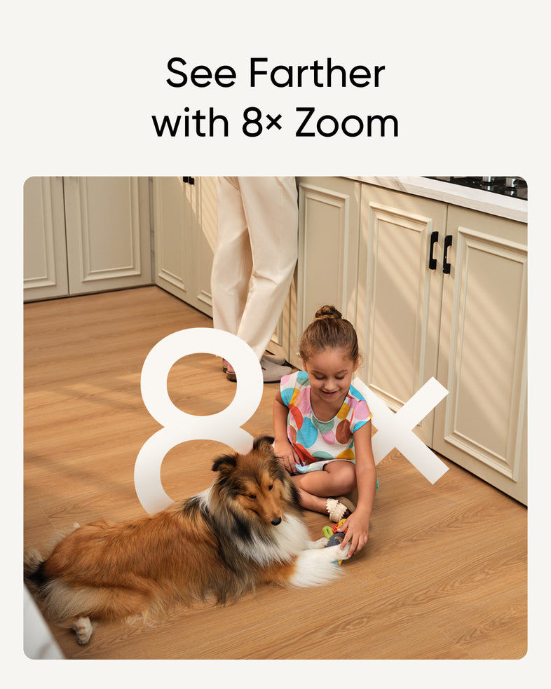 Miniatură: Girl and dog play near text, See Farther with 8x Zoom