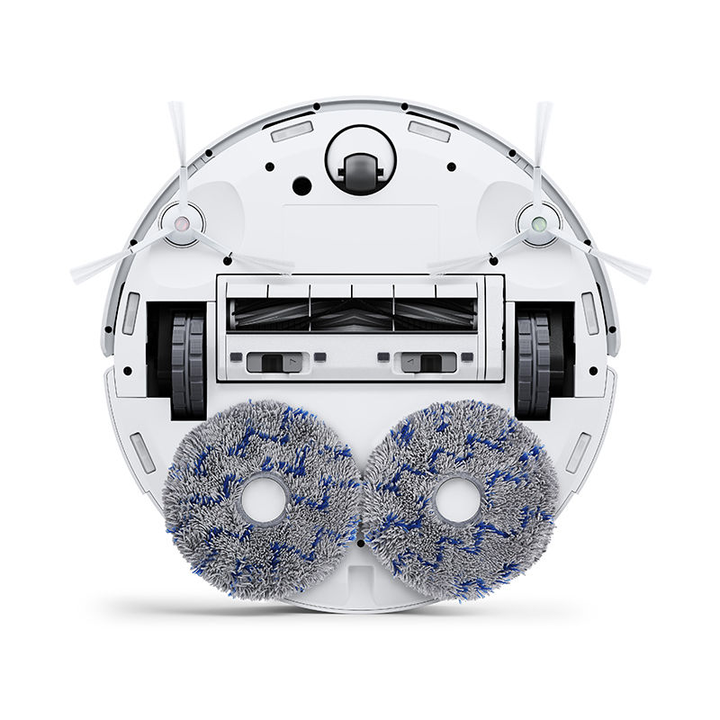 Miniatură: Underside view of a white robotic vacuum cleaner with cleaning pads attached.