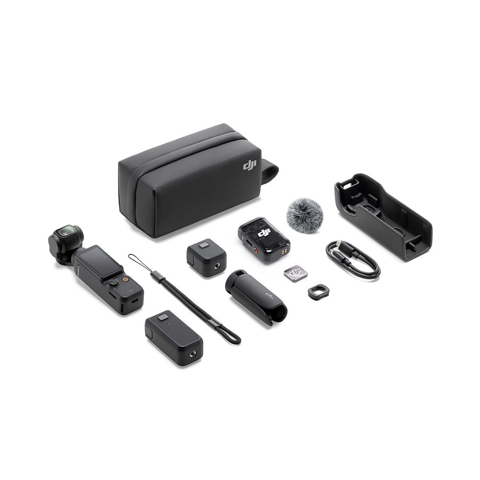 Miniatura: DJI Osmo Pocket 3 Creator Combo with accessories laid out on white surface.