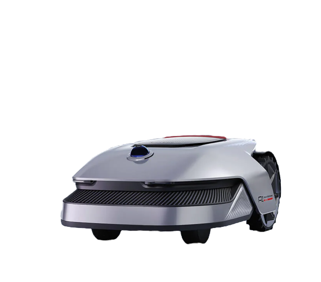 Silver Dreame Roboticmower A1 robotic lawnmower on black background, view from front