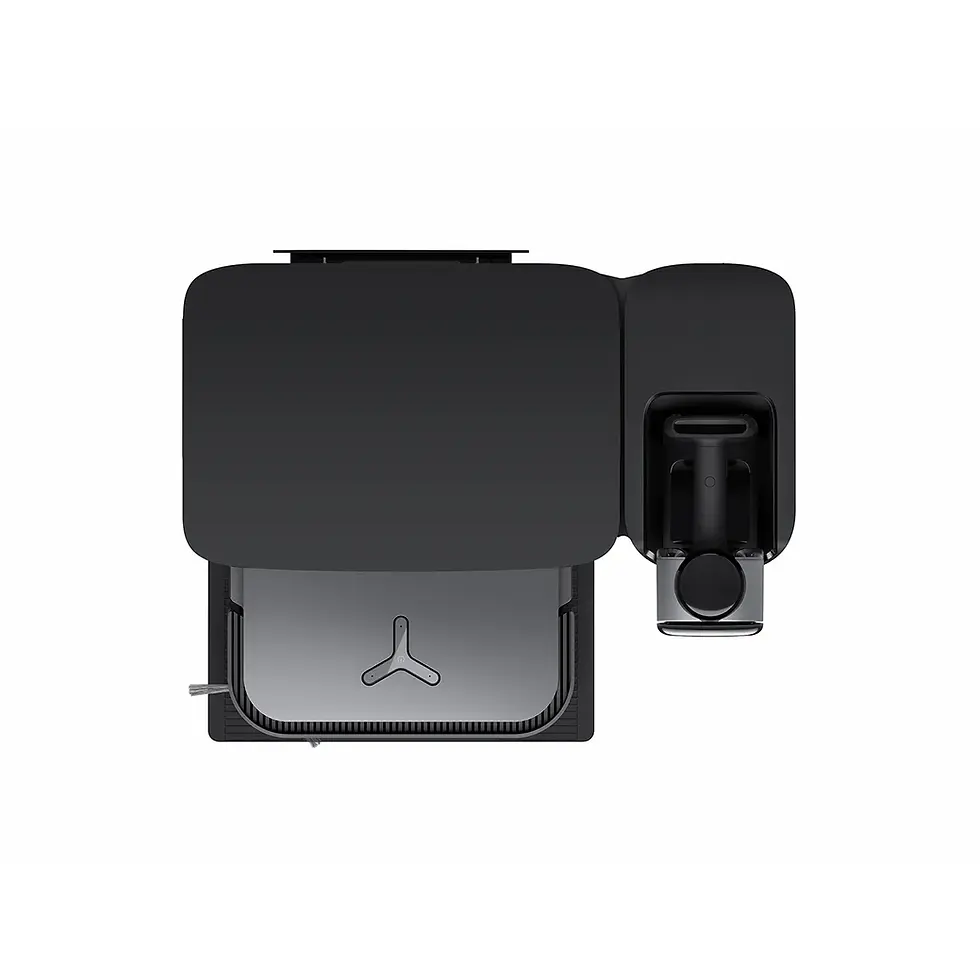 Miniatura: Top view of black robotic mower parts with docking station
