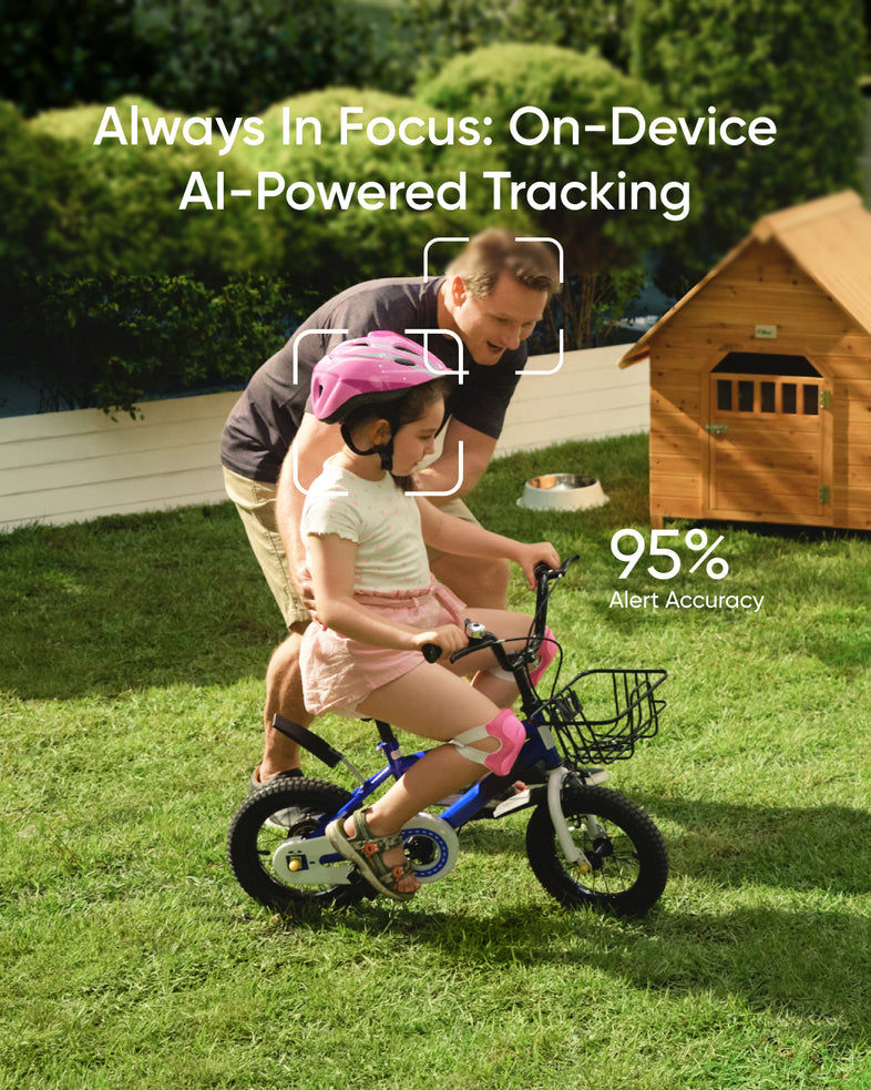 Miniatură: Father helping child ride bike with text 'Always In Focus' and tracking.