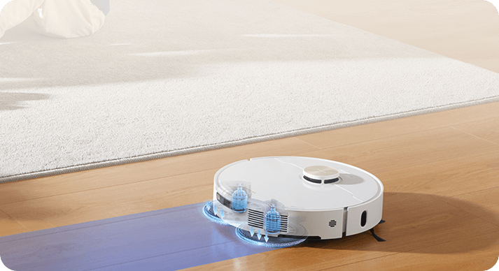 Thumbnail: Robot vacuum cleaner cleaning hardwood floor and carpet; DreameBot L10s Pro Ultra
