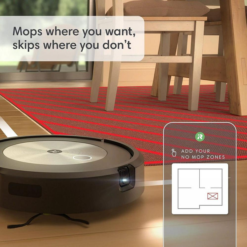 Miniaturbild: Robot vacuum cleaning floor; text says, Mops where you want, skips where you don't.