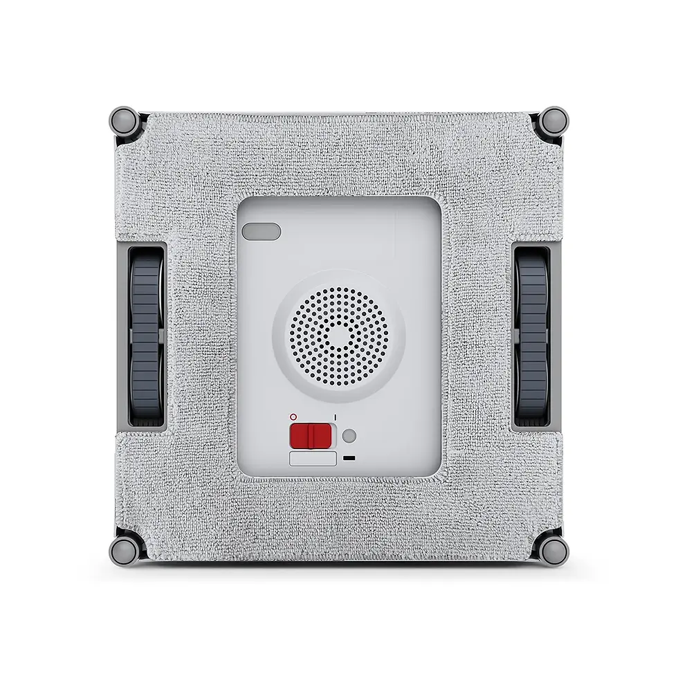 الصورة المصغرة: Window cleaning robot with wheels, red button, circular speaker and handles.