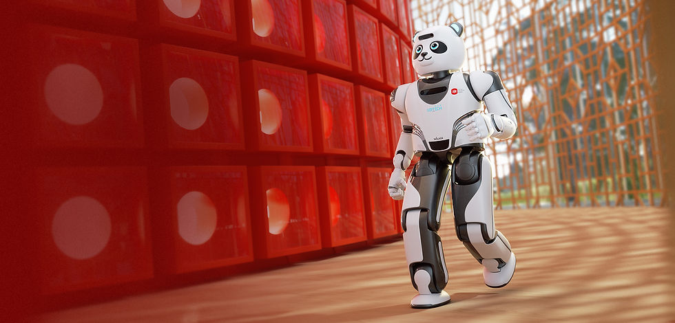 Miniatyrbild: White and black panda robot walking with red background. ECOVACS GOAT GX-600.